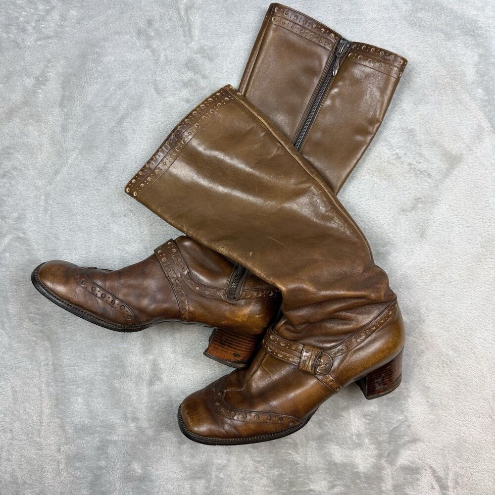 Vintage Bally Brown Leather Knee High Boots Womens Brogue Wingtip